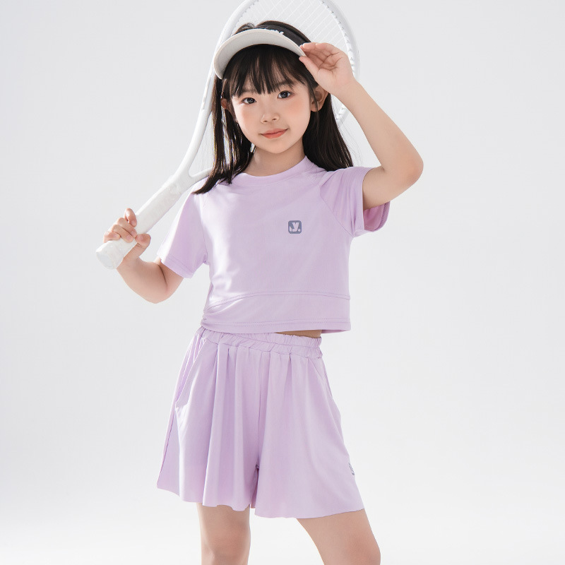 Solid Color Girls Short-Sleeved Summer Sports Suit 2025 New Medium and Large Children's Ice Silk Quick-Drying Short-Sleeved Short Skirt