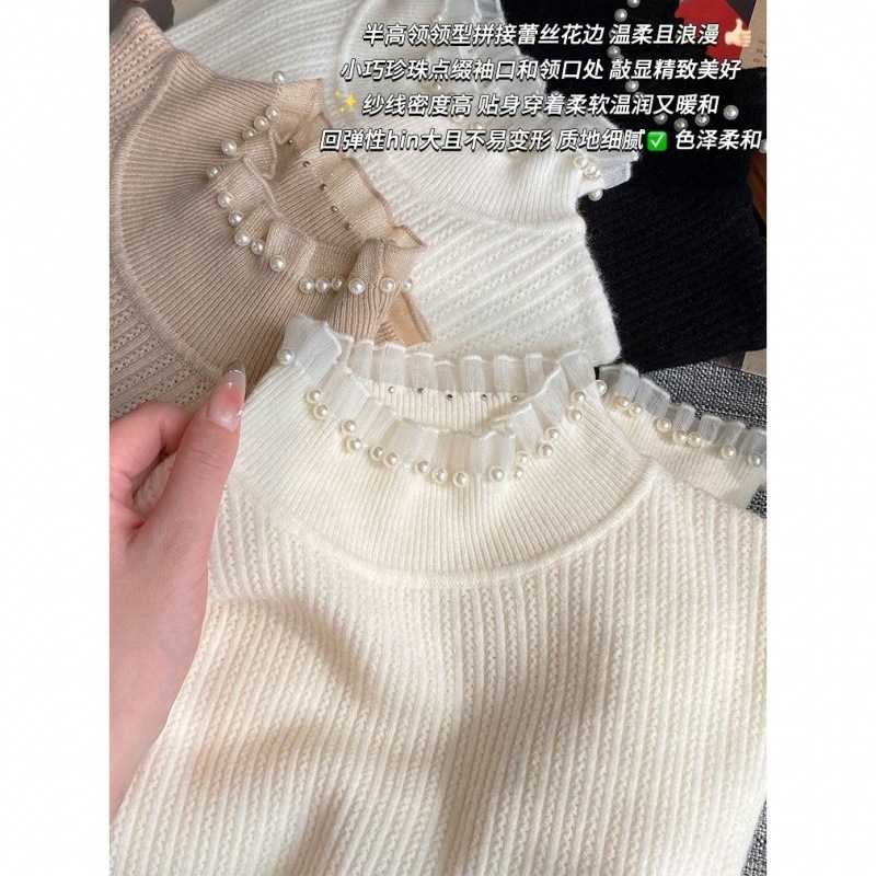 Lace Bottoming Shirt for Women, Spring & Fall 2025 New Style Knitwear for Women, Turtleneck Top, Small Fragrant Style Knitted Knitwear