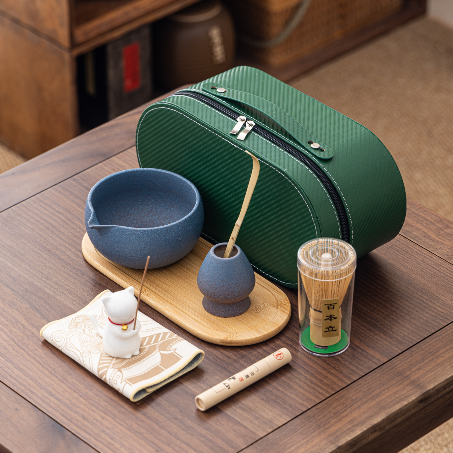 Cuenco de matcha corrugado caja de cuero set adorable gatito Xiangdao ocho piezas set punto té 100 tazas de té