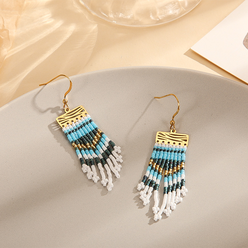 Retro Tassel Glass Titanium Steel Handmade Braid Drop Earrings 1 Pair