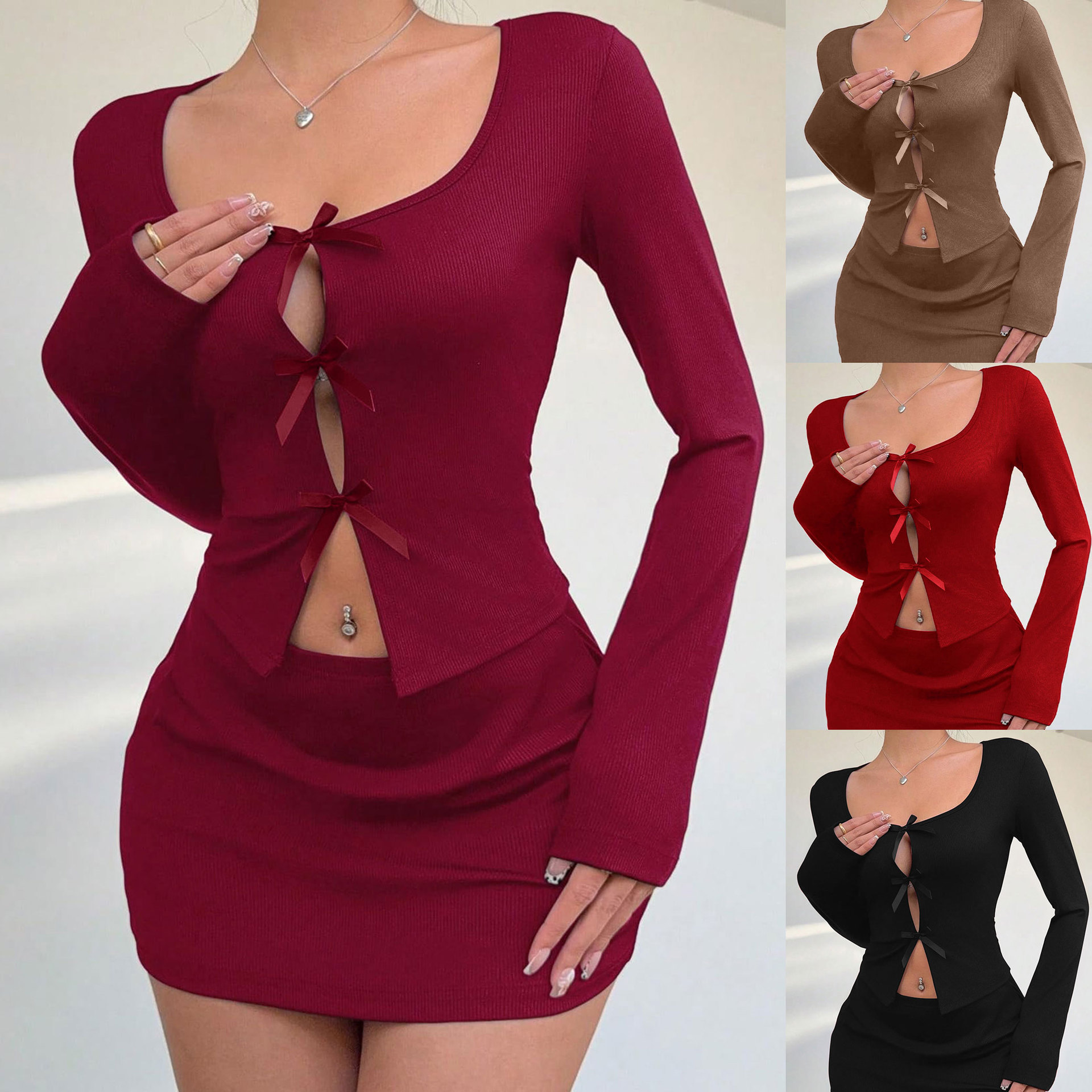Europa y los Estados Unidos mujeres transfronterizas otoño y invierno alemanas arco sexy moda moda manga larga falda corta ropa para el hogar set