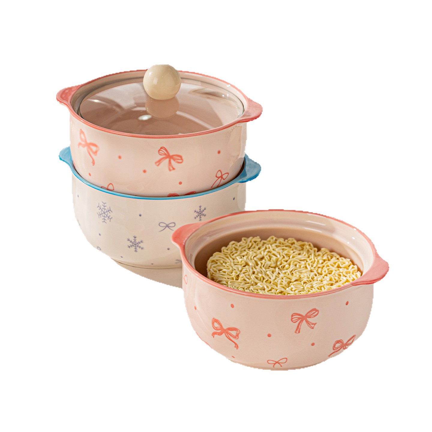 Tazón de fideos cerámicos de alto valor facial bajo esmalte de color doméstico dormitorio de estudiantes con taza de polvo de caracol con cubierta de gran capacidad de taza de fideos de orejas
