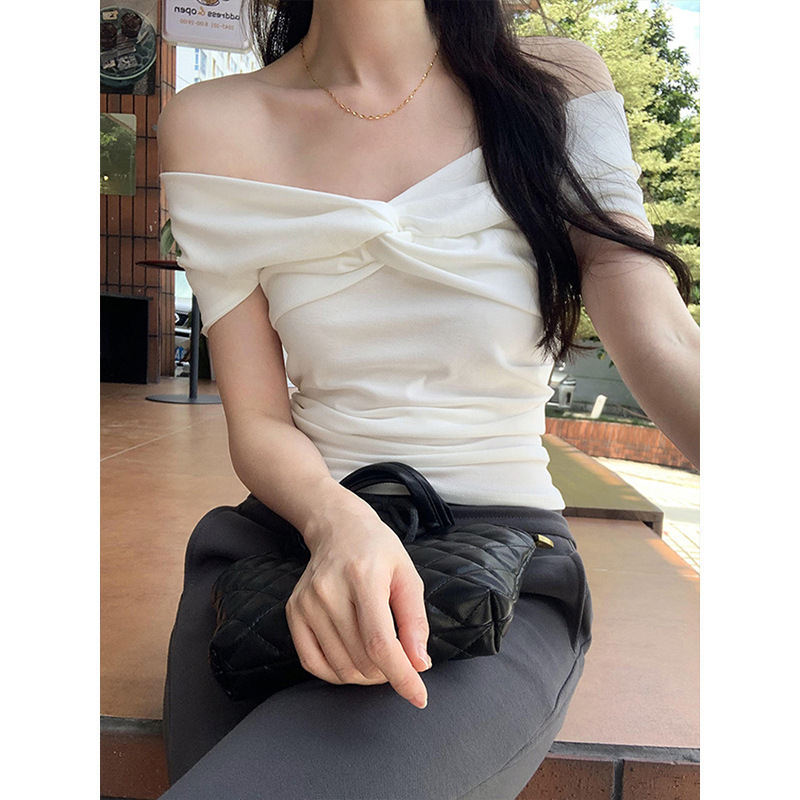 Mosesqueen/Mozi Queen T-Shirt for Women with Bowknot Off-Shoulder Short Sleeve Top 62882 Literary Retro Style