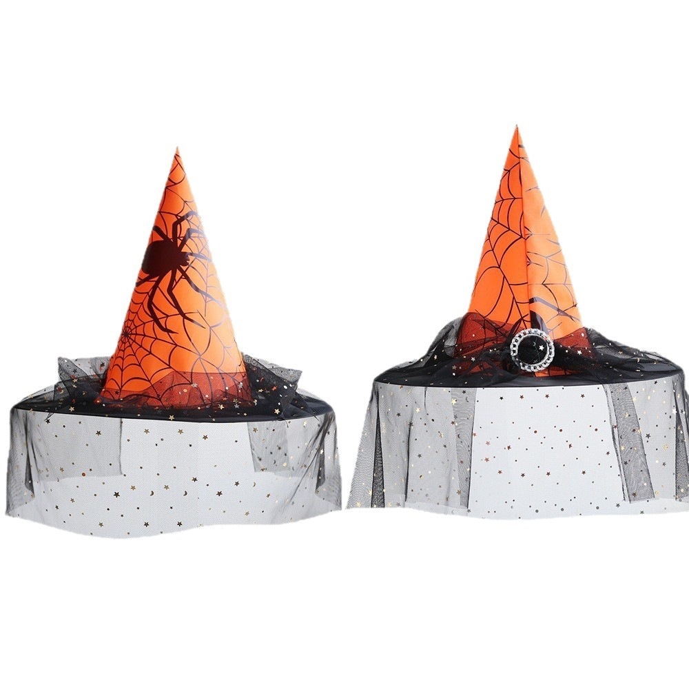 Sombrero de bruja de Halloween negro oxford brace mesh hilo botón de plata sombrero de bruja cosplay sombrero de bruja tocado