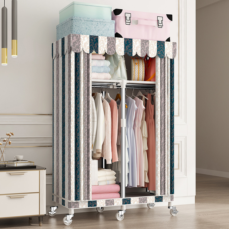 Cremallera completamente cerrado armario de tela simple tubo de acero reforzado en negrita espesado marco de acero completo gabinete de tela de almacenamiento en casa con ruedas