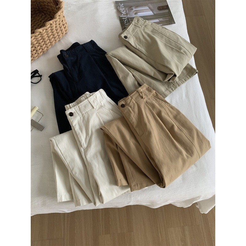 日杂风宽松高腰阔腿工装裤女卡其色弯刀裤秋冬韩版显瘦百搭拖地裤|undefined
