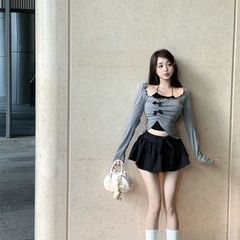 Pure Desire Ballet Style Upper High-End Women's Autumn Sexy Design Gray Irregular Long-Sleeve Short-Sleeve Base Shirt