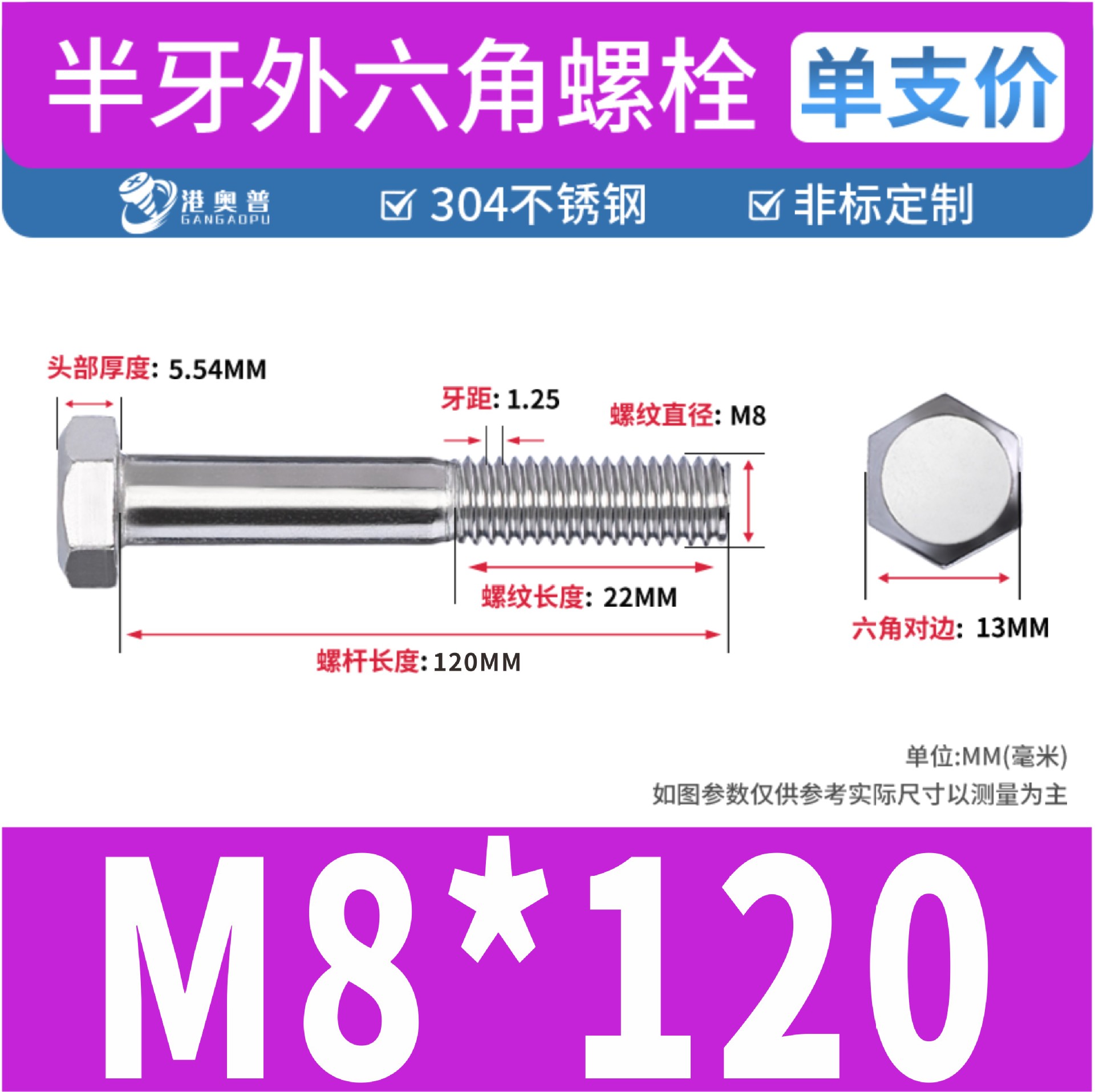 Tornillos hexagonales de media rosca, acero inoxidable 304