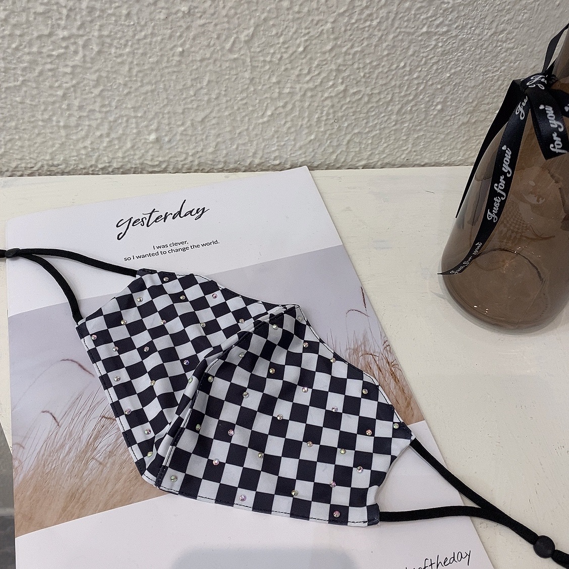 黑白格棋盘格钻可调节双层口罩防晒保暖面罩四季款