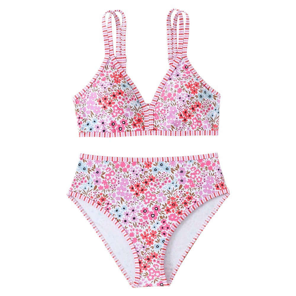 Children's Floral Print Bikini Double Shoulder Strap Swimsuit For Girls Toddler Girls Clothing 3-7 Years Old Style_voghion.com