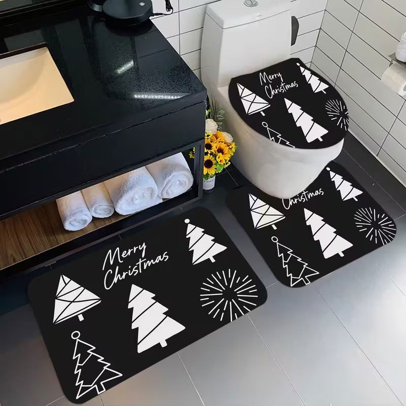 Cross-border diatomite toilet seat cover and floor mat 3-piece set, water-absorbent, dirt-resistant, non-slip floor mat, Christmas holiday floor mat