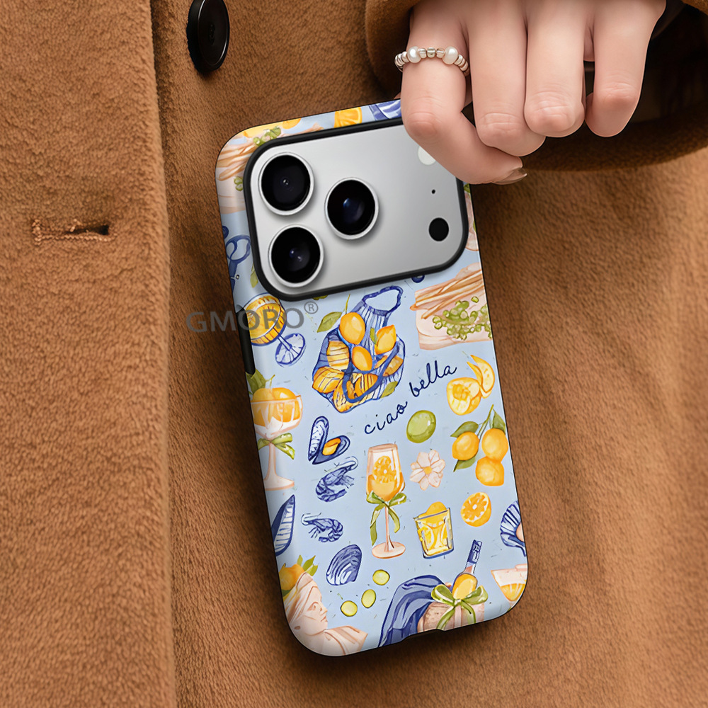 外贸热销满屏柠檬适用苹果17pm二合一菲林iPhone16手机壳全包防摔