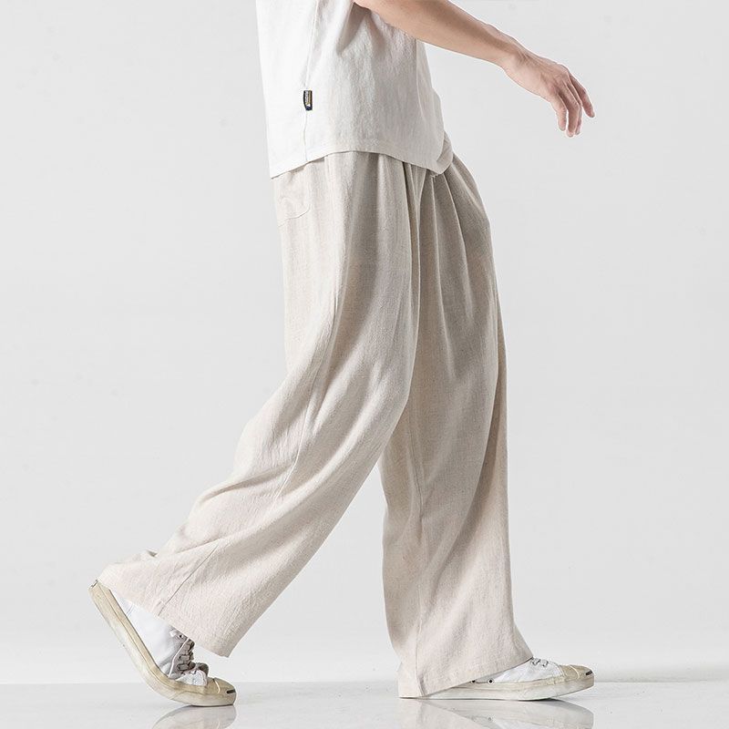 Pantalones de lino Pantalones de hombre Pantalones anchos rectos sueltos de estilo chino Pantalones deportivos casuales de algodón y lino de verano para hombres