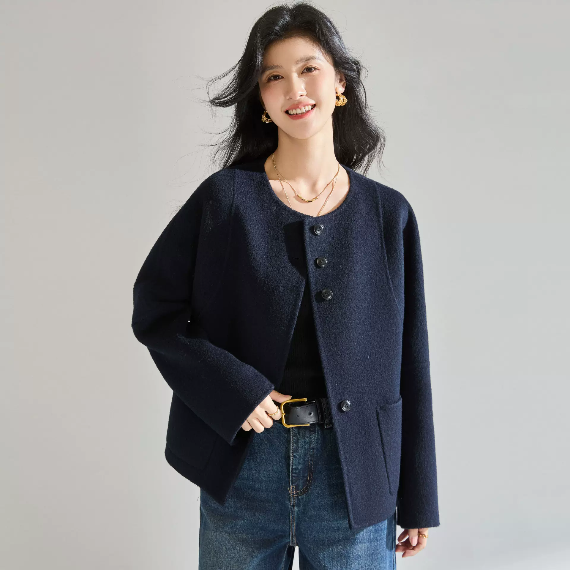 25秋冬圆领单排扣羊毛双面呢大衣弯刀袖百搭减龄气质短外套25642