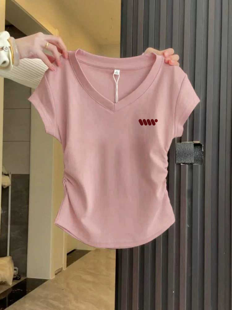 Side Ruched V-Neck Short-Sleeve Women's T-Shirt 2026 New Style, Waist-Cinching, Slim-Fit, Flattering, Lotus Pink Top, Summer Fashion