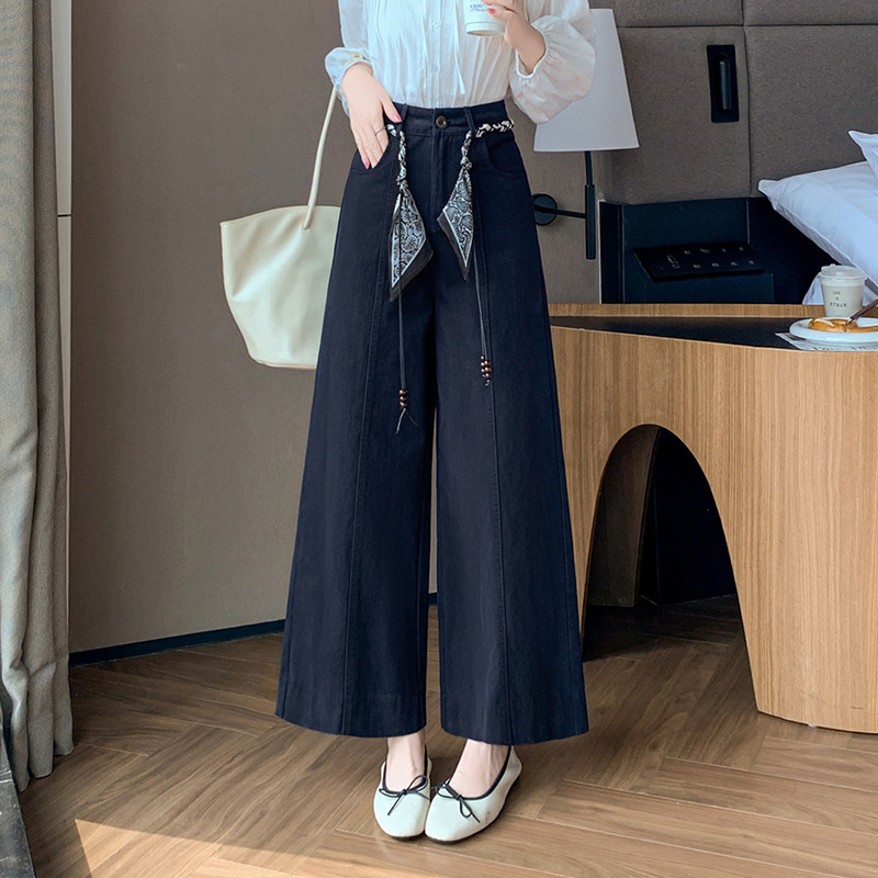 设计感丝巾腰带休闲裤女秋季2025新款百搭高腰直筒裤高级感阔腿裤|undefined