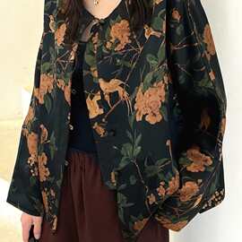 25秋冬新款新中式时尚轻奢枇杷山雀印花香云纱外套113