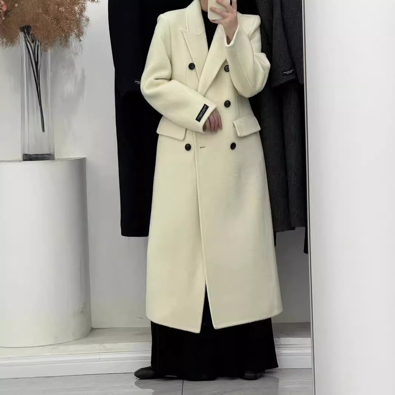 Slim Waist Double-Faced Cashmere Coat for Women, Double-Breasted Suit Collar, Korean Style, Ultra-Tight Waist Woolen Coat, Thickened Wool