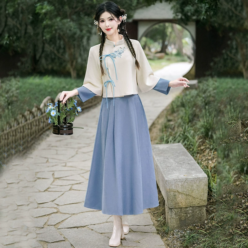 Новый весенне-осенний комплект в стиле республики Китай: костюм в стиле тан, новый китайский ретро-костюм с элементами ханьфу, модифицированный чайный костюм для женщин