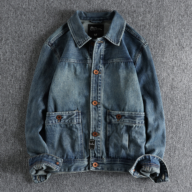 Heavyweight Vintage Distressed Khaki Motorcycle Denim Jacket for Men, Workwear Pockets, Trendy Spring and Autumn Versatile Youth Coat Heavyweight Vintage Distressed Khaki Motorcycle Denim Jacket for Men, Workwear Pockets, Trendy Spring and Autumn Versatile Youth Coat