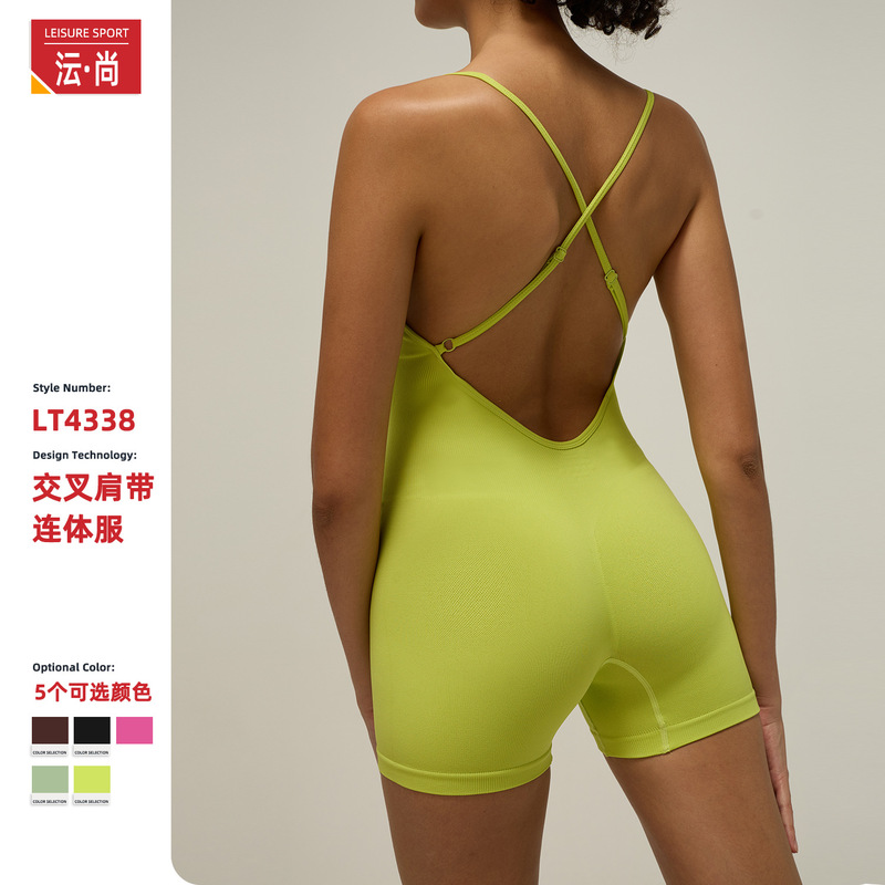 European and American Cross-Strap Shorts with Chest Pads, One-Piece Yoga Wear, Sexy Back Sports Jumpsuit