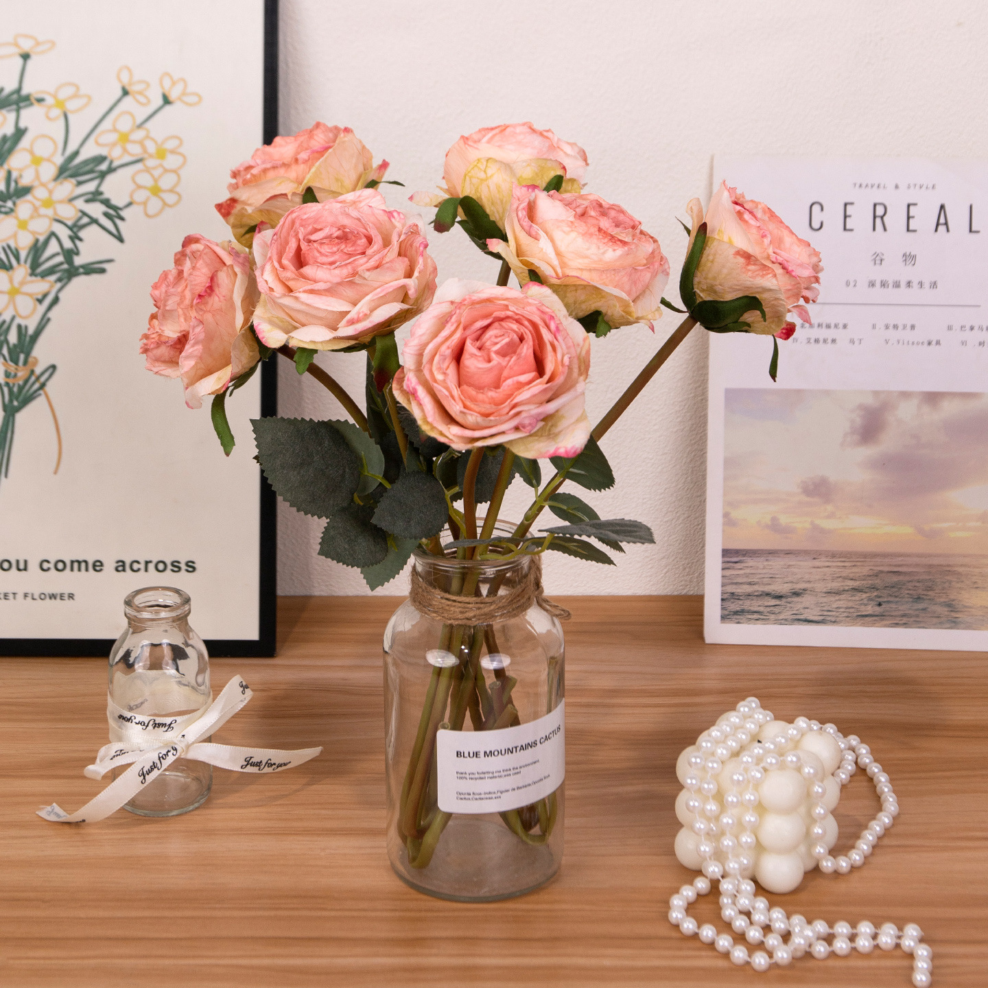 Rosas de seda de imitación de flores de lichia rosa mano ramo de flores decoración interior europea flores falsas