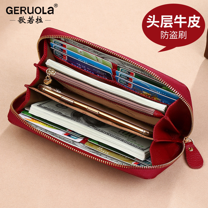 Cartera explosiva de comercio exterior para mujer cremallera larga simple y elegante bolso de mano de gran capacidad primera capa billetera de piel de vaca cuero