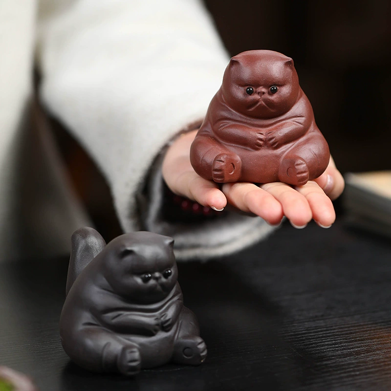 Сиреневые глиняные чайные питомцы Yixing коты, handmade злая кошка скульптура, декоративные чайные принадлежности для стола, набор для чая кунг-фу можно поднять