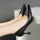 Genuine Leather High Heels Women's Black Professional Stiletto Heel Pointed Interview Small Leather Shoes Etiquette Stewardess Work Single Shoes