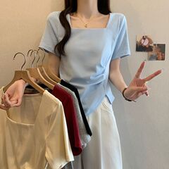 40番手純綿大きいサイズ婦人服ファットMM夏プリーツスクエアカラー半袖Tシャツ不規則トップデザイン100kg