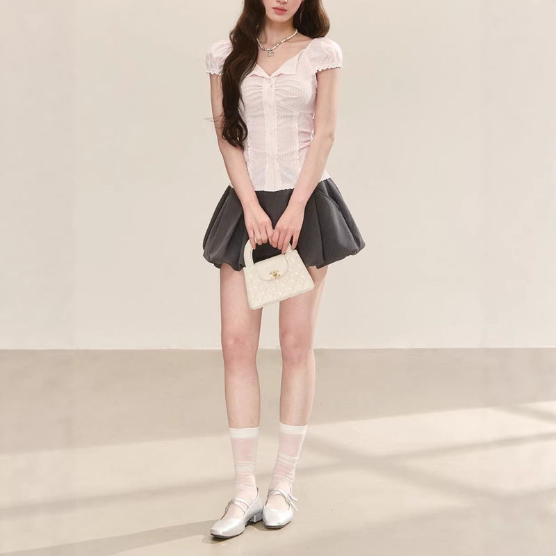 Qdq Lace Plaid Short-Sleeved Shirt, New Summer Style, Super Nice-Looking, Waist-Slimming, Puff-Sleeved Shirt for Women