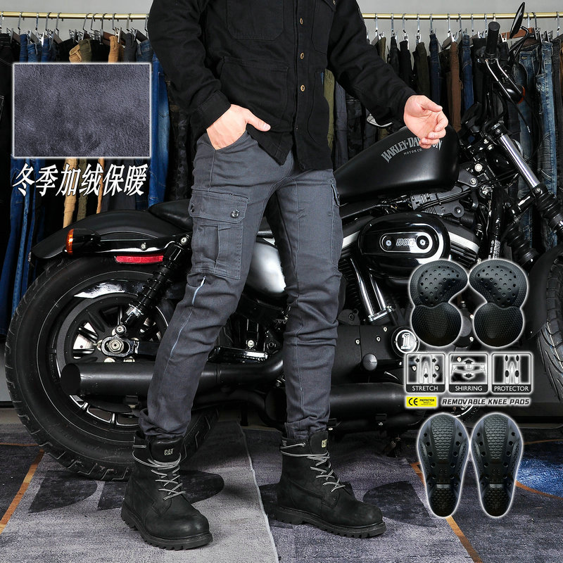 American retro overoles de los hombres de la motocicleta de invierno pantalones de montar casual motocicleta resistente a la gota de pierna ancha tobillo-atado pantalones forrados de lana