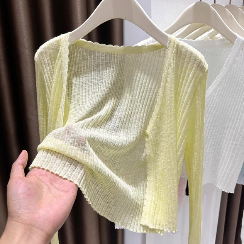 女性用の青い薄いニットアイスシルクカーディガン、夏のサスペンダースカート、空調シャツ、日焼け止めショールトップ、女性用ブラウス|undefined