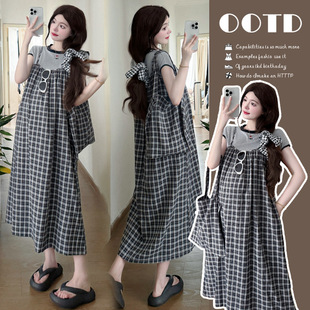Maternity Wear Summer New Korean Style Versatile Age-Reducing Loose Slimming Look Belly-Covering Plaid Casual Skirt Pregnant Mother Dress