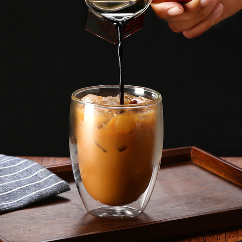 Transparent oval juice milk cup American latte coffee cup, thick double-layer glass cup, high-temperature resistant