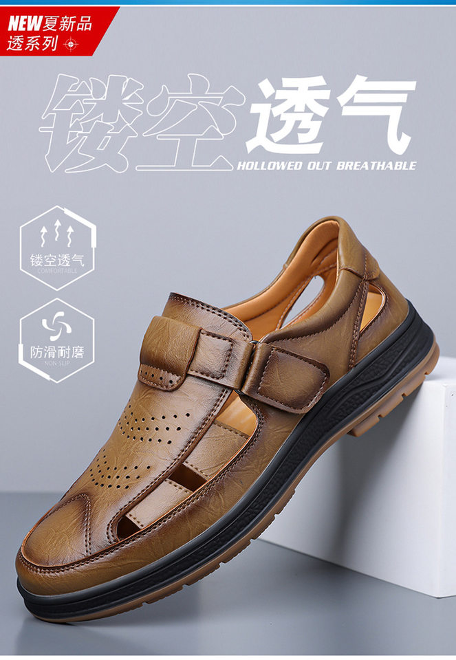 Giày sandal nam cỡ lớn thoáng khí khoét lỗ khóa dán — Màu nâu, màu đen chi tiết 4