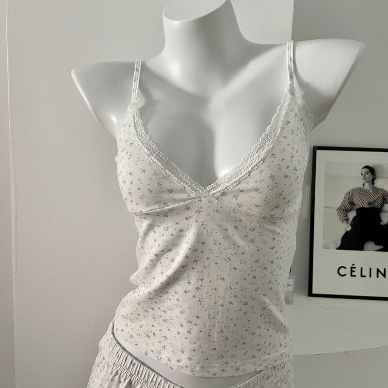 Brandy BM Style Floral V-neck Lace Small Camisole Women's Summer Pure Cotton Pajamas All-match Slim-fit Top