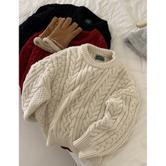韩系复古黑色麻花毛衣女秋冬加厚宽松慵懒外穿显瘦纯色毛针织上衣