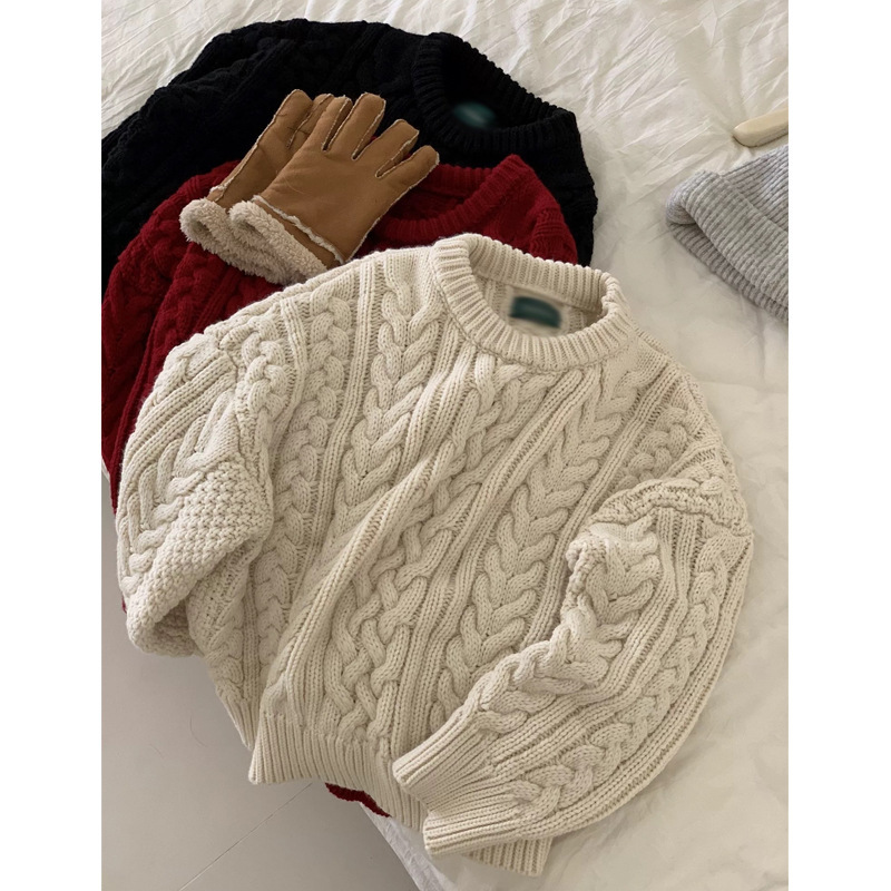 韩系复古黑色麻花毛衣女秋冬加厚宽松慵懒外穿显瘦纯色毛针织上衣|undefined