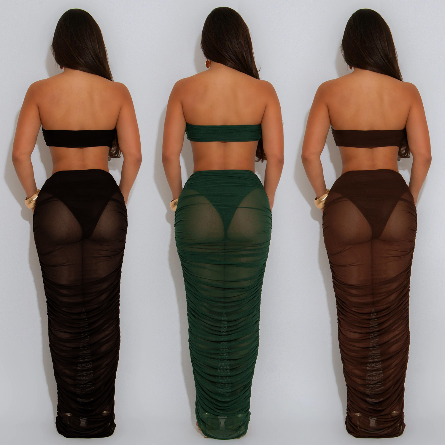 C7529 Aliexpress transfronterizo amazon moda europea y americana ropa de mujer sexy con un pecho transparente vestido de malla larga dos piezas