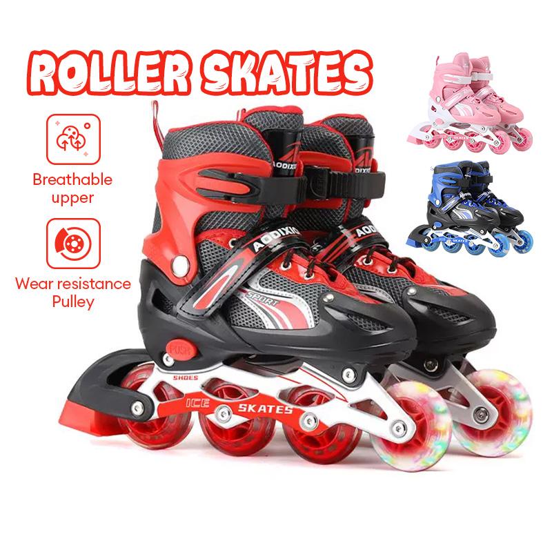 Double-Row Adjustable Children's Roller Skates with Flashing Wheels for Boys and Girls, Complete Set of Beginner Roller Skates