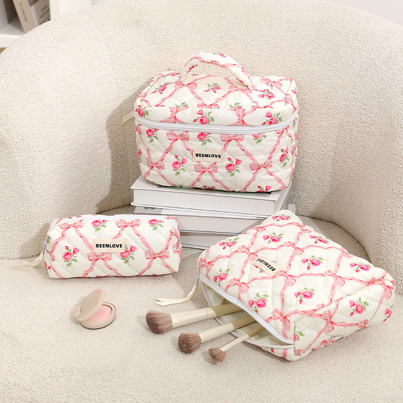 Capacious cosmetic bag with bow, flowered, high-quality style