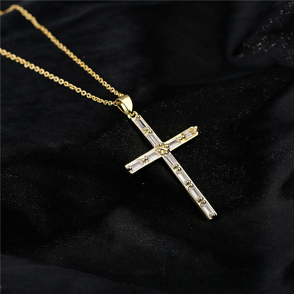 Europe And America Religious Jewelry Copper Plated 18k Gold Zircon Cross Pendant Necklace display picture 3