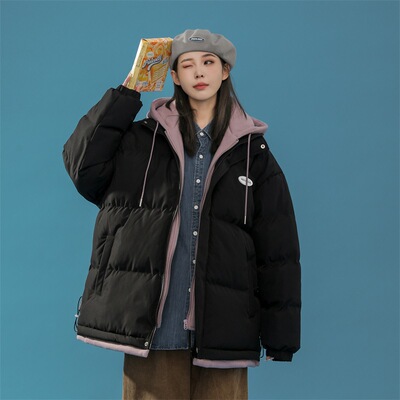 2022年冬季新款休閑連帽假兩件情侶外套上衣寬松保暖加厚棉衣男款