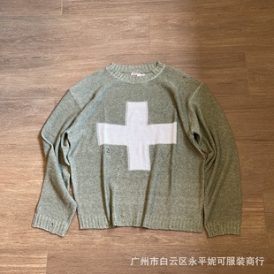 Trendy KAPITAL cross ripped round neck sweater autumn and winter lazy retro set loose head long sleeve sweater