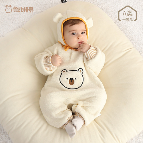 Baby jumpsuit spring and autumn polar fleece baby bear crawling suit Class A newborn warm outing suit
