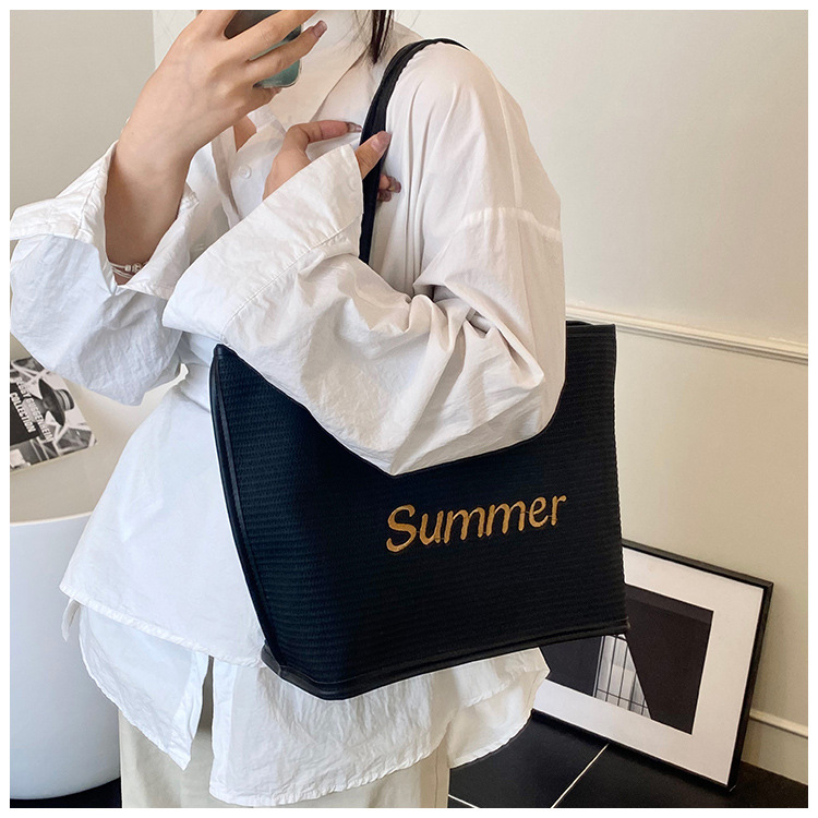 Straw woven letter large-capacity bag 2025 single-shoulder large bag for women, new beach woven summer Korean-style tote bag undefined