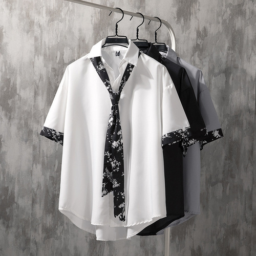 Men's Cool Street Style 7-Button Collar Shirt, Korean Version, Trendy, Stylish, Loose, Hong Kong Style, Casual, Versatile, Black Shirt