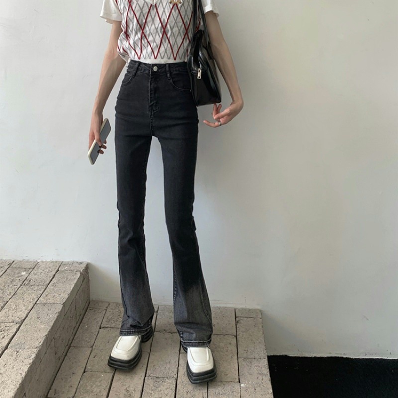 한국식 스트레이트 레그 청바지 여자 가을 새 높은 허리 플러스 사이즈 그라디언트 슬리밍 마이크로 플레어 올 매치 2024 걸레 바지
