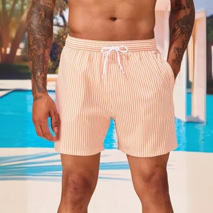 Cross-Border Exclusive Striped Solid Color Beach Shorts European and American Men's Vacation Beach Style Surf Drawstring Shorts Foreign Trade